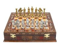 Jeu d'échecs de rangement fait à la main avec pièces de la mythologie grecque de Pégase | 30 cm | Échiquier historique en métal moulé sous pression et planche en bois massif