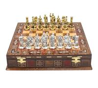 Jeu d'échecs de rangement fait à la main avec pièces de l'Empire romain Jules César | 30 cm | Échiquier en métal et planche en bois massif
