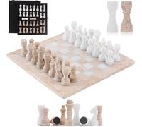 Jeu d'échecs en marbre, 30 cm, Fait Main en travertin et Blanc, avec Coffret de Rangement. Jeu d'échecs de Luxe pour Adultes, Comprenant Les pièces et 2 Reines supplémentaires. Cadeau élégant.