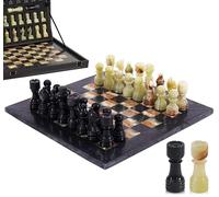 Jeu d'échecs en marbre Fait Main de 12 inches avec boîte, pièces et 2 Dames. Élégant Jeu de Voyage pour Adultes, idéal comme Cadeau ou décoration d'intérieur. (Black & Green Onyx)