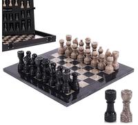 Jeu d'échecs en marbre Fait Main de 30 cm avec boîte, pièces et 2 Dames. Élégant Jeu de Voyage pour Adultes, idéal comme Cadeau ou décoration d'intérieur. (Black & Oceanic)