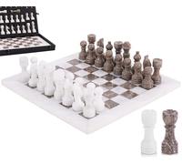 Jeu d'échecs en marbre Fait Main de 30 cm avec boîte, pièces et 2 Dames. Élégant Jeu de Voyage pour Adultes, idéal comme Cadeau ou décoration d'intérieur (White & Oceanic)