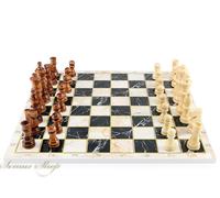 Jeu D'Échecs En Marbre Noir - Blanc Avec Des Pièces D'Échecs En Bois Massif