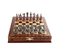 Jeu d'échecs en métal antique pharaon égyptien pour adultes, pièces faites à la main et échiquier en bois massif naturel avec motif perle autour du plateau et rangement à l'intérieur du roi 8,6 cm