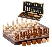 Jeu d'échecs et dames en bois massif magnétique - Échiquier pliable avec rangement - Double dame - Idéal pour enfants & adultes