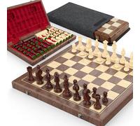 Jeu d'échecs et dames magnétiques en noyer de qualité supérieure - 38 cm - Jeu de société pliable 2 en 1 avec figurines Staunton, 2 dames supplémentaires, carreaux et sac à poussière