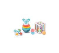 LUDI – Coffret Manipulation d'éveil dès 10 mois – Cube, Pyramide (3 anneaux), Baby Spinner