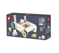 Janod - Chariot de Marche Bébé et Enfant en Bois Dès 12 Mois - 18 Pièces en Bois incluses + Boîte à Forme - Roues Silencieuses + Système de Frein - Dès 1 an
