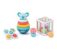 LUDI – Coffret Manipulation d'éveil dès 10 mois – Cube, Pyramide (3 anneaux), Baby Spinner