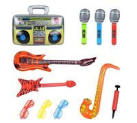 Jeu d'Instruments de Musique Gonflables (11 Pièces) - 3 Lunettes de Soleil, 3 Microphones, 1 Guitare, 1 Basse, 1 Saxophone, 1 Radio + Pompe à Air Portable | Décoration de Fête et Accessoires Photo pou