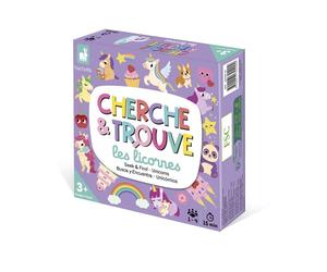 Jeu d'observation Janod Mon Premier Cherche & Trouve - Licornes 3+ 1-4 joueurs Coopératif Plateau recto/verso 20 cartes Dé en bois Violet / Pastel
