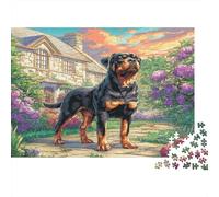 Jeu Éducatif de 1000 pièces Cute Pet Dog, Rottweiler près d'un Cottage pour Adultes Adolescents Plateau 100% Recyclé Premium 38x26cm/1000pcs