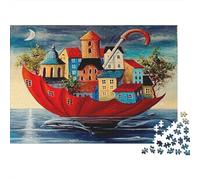 Jeu éducatif de 1000 pièces « Ville des parapluies flottants » Bateau coloré sur Croissant de Lune pour Adultes et Adolescents Plateau de qualité supérieure 100% recyclé (70 x 50 cm)