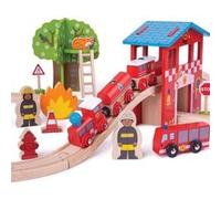 Jeu en bois - Ensemble de train de caserne de pompiers Orange G