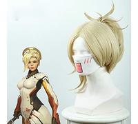 Jeu OW Angela Ziegler miséricorde Blonde 30 cm résistant à la chaleur cheveux synthétiques Cosplay accessoires fête d'halloween + casquette de perruque gratuite