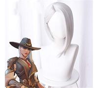 Jeu OW Ashe Cosplay perruque 35 cm court droit synthétique cheveux Ow jeu perruques argent-blanc Costume fête jeu de rôle perruque + casquette de perruque