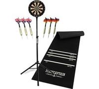 Stagecaptain DBS-1715 Bullseye Pro Cible de Fléchettes en Sisal, Tapis Caoutchouc, Support réglable, 6 fléchettes, 4 Jeux de Flights, Noir, steeldarts Professionnel Complet.