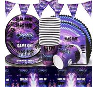 Jeu Violet Games Partie Vaisselle,DéCoration D'anniversaire de Jeu Vidéo 62pcs [Tasse +Serviette +Assiette +Nappe +ChaîNe de Drapeau]
