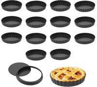 JEUIHAU Lot de 16 mini moules à tarte ronds cannelés en acier au carbone anti-adhésif avec base amovible pour quiches, flans, cheesecakes - 12 cm