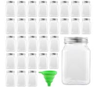 JEUIHAU Lot de 30 pots à épices vides en plastique transparent de 350 ml avec couvercles argentés et entonnoir, récipient d'assaisonnement carré pour sel, herbes, bonbons et collations
