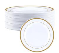 JEUIHAU Lot de 40 assiettes en plastique blanc de qualité supérieure avec bord doré, réutilisables pour fêtes, mariages, traiteurs, anniversaires