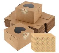JEUIHAU Lot de 50 boîtes à cupcakes marron de 10,2 cm en papier kraft avec fenêtre transparente en forme de cœur, petites boîtes à gâteaux avec autocollants, pliables en carton pour desserts