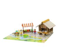 JeuJura - Jeu de construction La Place du Marché - 80 pièces en bois naturel et teinté, tapis, 3+ans