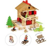 Jeujura Le Grand Chalet d'Alpage Jeu de construction en bois 215 pièces 5+ Naturel et bois teinté avec personnages et tapis de jeu