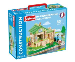Jeujura - Ma Première Maison avec Voiture 80 Pièces - Jeu 3 Ans - 8236 | Jeu de construction en bois enfant - Personnages, accessoires et tapis de jeu inclus - Imagination - Fabriqué en France