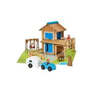 JEUJURA - Maison de Vacances - 185 pièces - Jeu de Construction en Bois dès 5 Ans - Voiture, Caravane et Accessoire - Maison à Construire avec Tapis de Jeu - Fabriqué en France - 8017