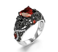 Jeulia Bague noire en forme de tête de mort pour Halloween, en argent, avec cœur rouge et pierre marquise, style gothique, moderne, idéal pour homme et femme (noir, 63(20.2))