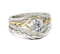 Jeulia Ensemble de bagues de fiançailles en argent sterling, deux tons tressés, coupe ronde, bagues d'anniversaire de promesse de Saint-Valentin avec pierres latérales (Argent, Or Jaune, 56(17.7))