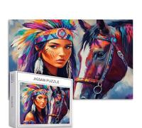 Jeune femme amérindienne et un cheval - Puzzle de 1000 pièces pour adultes - Puzzles colorés à faire soi-même pour décoration de la maison, cadeaux, puzzle familial, parfait pour les soirées de jeu,