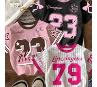 Jeune Fille 3-Pack T-shirts Décontractés Doux Avec Nœud Et Graphique Numérique 23, T-shirts Manches Courtes à Col Rond Avec Imprimé Boule de Course "Los Angeles" Numérique 79, Convient pour la Rentrée