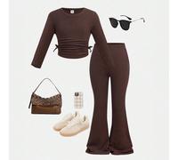 Jeune fille Jeune fille Jeune fille Haut à manches longues ajusté et pantalon évasé 2 pièces, texture texturée en tricot de café unicolore. Style assorti pour mère et fille & sœurs, tenue de famille a