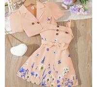 Jeune fille mignonne et décontractée ensemble de deux pièces robe de réservoir blazer rose en V tissé 6Y,7Y,4Y,5YAnimal,Floral,PlantesTissu tissé