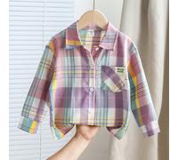 Jeune fille mode décontractée chemise ample à manches longues avec col peter pan, épaules dénudées, patchs colorés, fausse poche, imprimé lettres. Printemps automne 6Y,7Y,4Y,5YGéométrique,UnicoloreTis