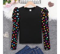 Jeune fille, style de rue à la mode, pull tricoté col rond, imprimé cœur coloré, manches longues gigot, t-shirt, idéal pour le port casual et quotidien, et l'école en automne-hiver, style sport, assor
