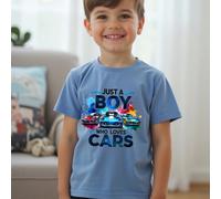 Jeune garçon "Juste un garçon qui aime les voitures" T-shirt d'été léger et décontracté pour la rue 6Y,7Y,4Y,5YAnimal,Voiture,LettresPolyester