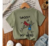 Jeune garçon "Papa est mon héros" T-shirt imprimé de dessin animé, tissu doux et confortable, convient aux sports de plein air, aux tenues décontractées, au style streetwear, au style campus, Top poly