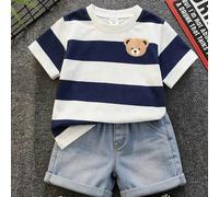 Jeune garçon Style décontracté, doux et confortable. T-shirt à manches courtes, col rond, style dessin animé, motif ours, style universitaire, rayures classiques. Convient pour le streetwear, les sort