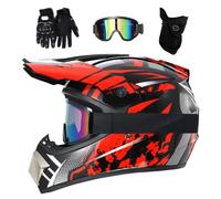 Jeunes Enfants Casque de Motocross, avec Lunettes Gants Masque, Unisexe Confortable Intégral Tout-Terrain VTT Scooter Moto Casques, Descente Enduro BMX VTT Dirt Bike Crash Casque(Red,XL/58-59CM)