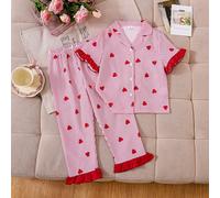 Jeunes filles Cardigan à manches courtes avec imprimé fraise et col volant, ensemble 2 pièces avec shorts. Ensemble pyjama filles à rayures en forme de cœur. Ensemble de tenue de détente ample avec ou