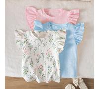 Jeunes filles, col rond classique, design manches courtes. Flatteur sur les épaules et le cou avec liberté de mouvement. Rempli de l'essence du printemps. Les versions rose unicolore et bleu ciel prés