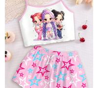 Jeunes filles minimalistes décontractées, Top de camisole et short de pyjama avec imprimé de groupe de filles de K-pop, convient pour l'été 6Y,7Y,8Y,4Y,5Y,2-3YCartoon,Géométrique,Nourriture & Boissons