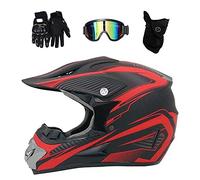 Jeunesse Enfant Casque de Motocross, Unisexe Intégral Hors Route Rue Courses VTT Casque de Moto, Downhill Enduro VTT BMX Dirt Bike Accident Casque, avec Lunettes Gants Masque(Red,M/54-55CM)