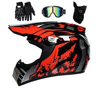 Jeunesse Enfants Casque Motocross, Intégral Hors Route MX Moto Casque VTT Scooter Casque, Descente Enduro MTB BMX Vélo Tout-Terrain Accident Casque, avec Lunettes Gants Masque(Red,M/54-55CM)