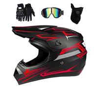 Jeunesse Enfants Mode MTB Casque de Motocross, Intégral Hors Route Rue Moto VTT Scooter Casques, Descente Enduro BMX Quad Dirt Bike Accident Casque, avec Lunettes Gants Masque(Red,S/52-53CM)