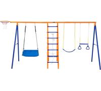 Jeux de balançoire VEVOR pour le jardin, set de balançoire 6 en 1 avec 2 balançoires, barre de trapèze, échelle d'escalade, filet à grimper et panier de basket-ball, capacité de charge de 200 kg, set