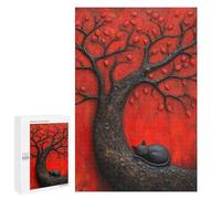 Jeux De Puzzle pour Adultes 1000 PCS Sleeping Black Japan Cat Beneath Red Tree Jeux De Puzzle pour Adultes, Jeux Familiaux, Anti-Stress, Cadeaux d'anniversaire Et De Noël Uniques 1000 PCS